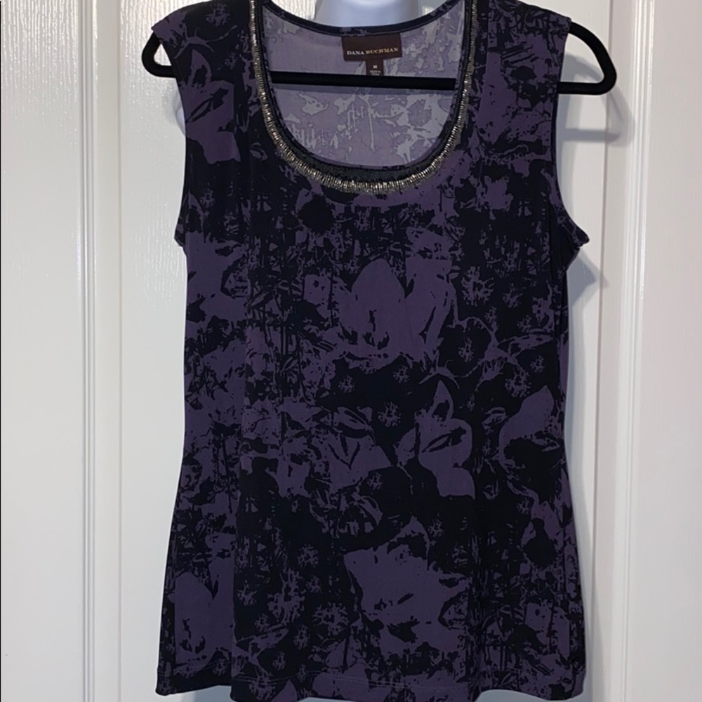 Dana Buckman Blouse Dk Purple Print w Beaded Neck